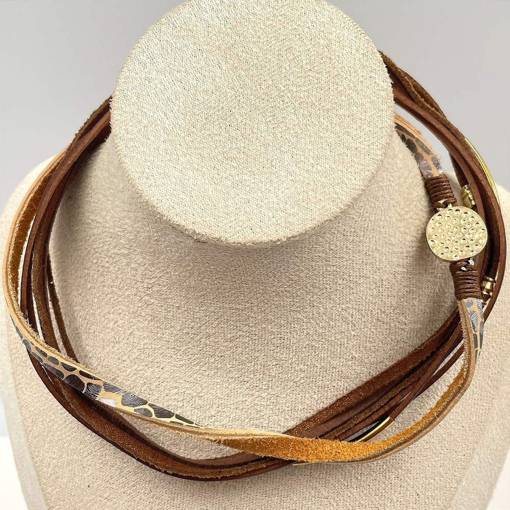 Vintage Boho Leather Wrap Bracelet‎ Multi Strand Animal Magnetic Clasp Gold Tone